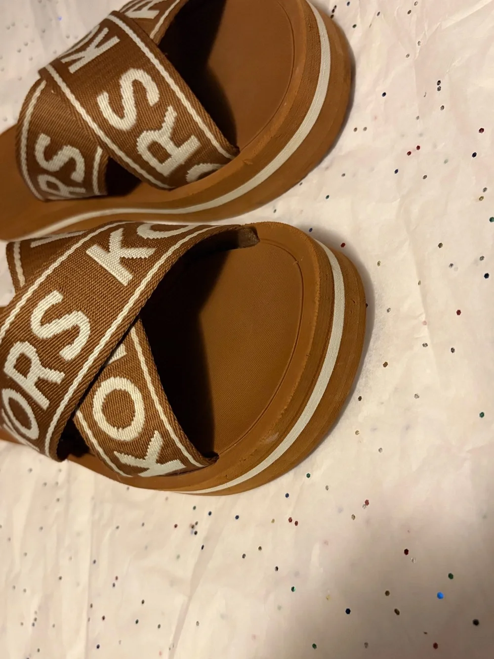 Michael Kors Brown and White Logo Crossband Slide Sandals